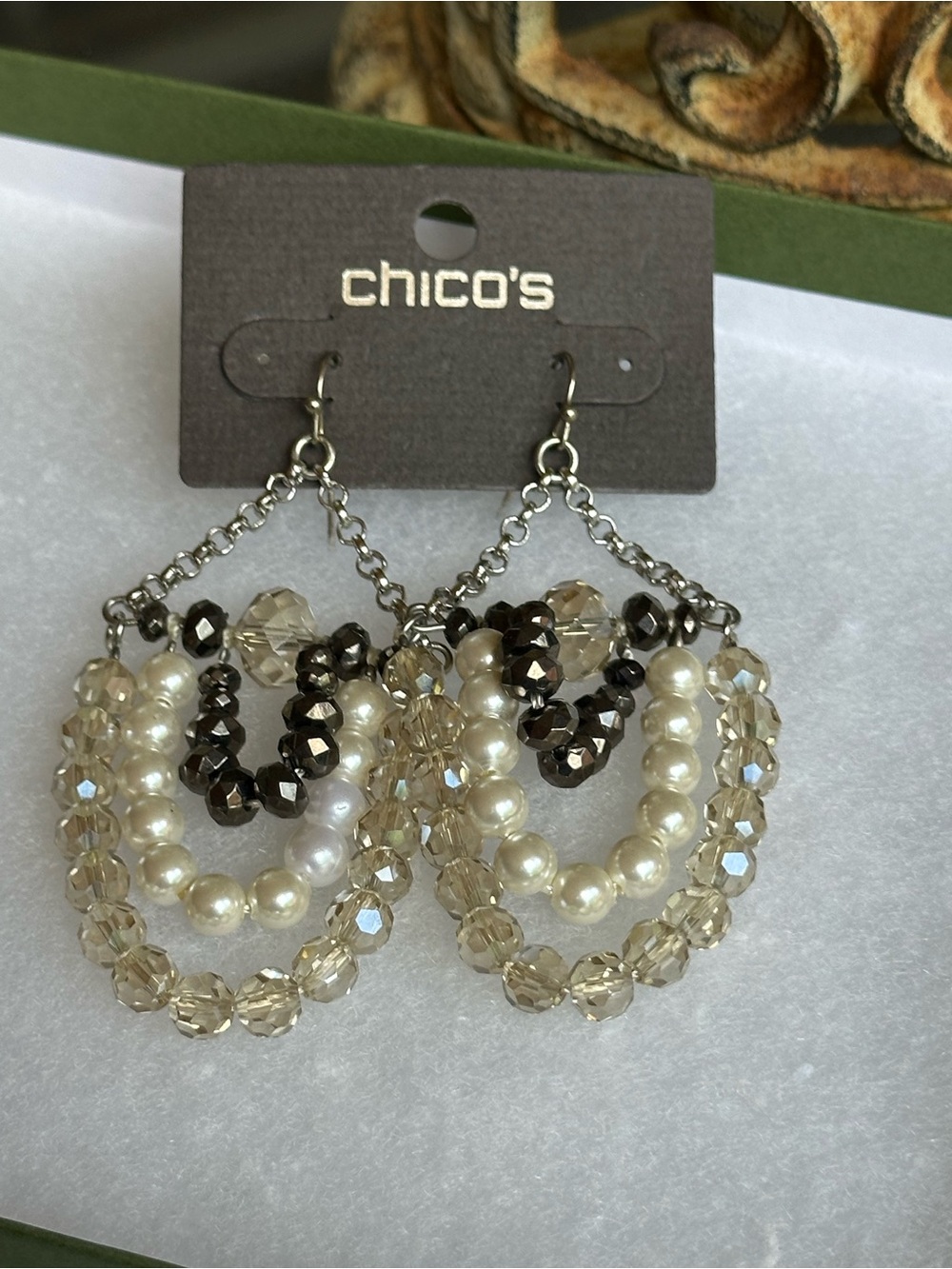 NWT Chico's Silver and White Hoop Earrings‎ with Faux Pearls.